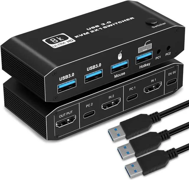 Main image of Tendak 8K KVM Switch HDMI 2 Port Box, HDMI USB KVM Switch Selector Support UHD 8K@60Hz 4K@120Hz for 2 Computers Share Keyboard Printer Scanner Mouse Keyboard with One Button Switch and 2 USB Cable