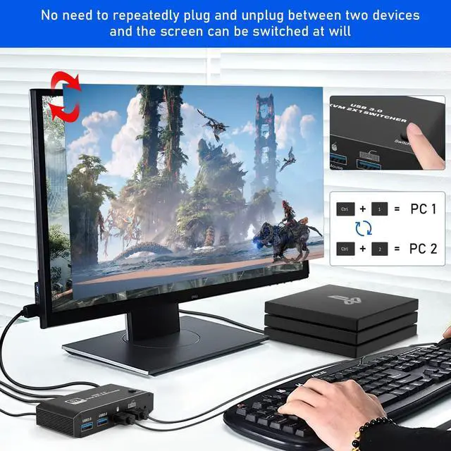 Alt view image 2 of 5 - Tendak 8K KVM Switch HDMI 2 Port Box, HDMI USB KVM Switch Selector Support UHD 8K@60Hz 4K@120Hz for 2 Computers Share Keyboard Printer Scanner Mouse Keyboard with One Button Switch and 2 USB Cable