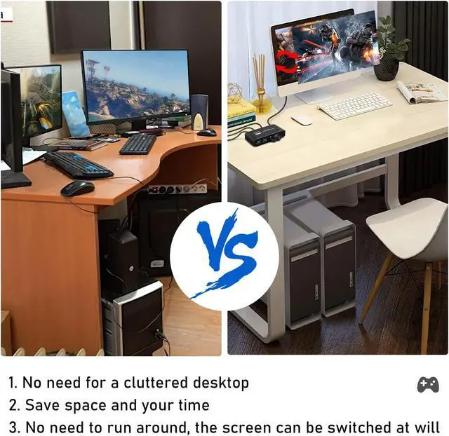 Alt view image 3 of 5 - Tendak 8K KVM Switch HDMI 2 Port Box, HDMI USB KVM Switch Selector Support UHD 8K@60Hz 4K@120Hz for 2 Computers Share Keyboard Printer Scanner Mouse Keyboard with One Button Switch and 2 USB Cable