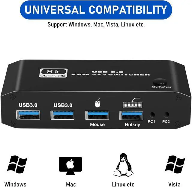 Alt view image 5 of 5 - Tendak 8K KVM Switch HDMI 2 Port Box, HDMI USB KVM Switch Selector Support UHD 8K@60Hz 4K@120Hz for 2 Computers Share Keyboard Printer Scanner Mouse Keyboard with One Button Switch and 2 USB Cable