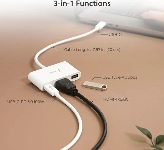 Alt view image 3 of 5 - j5create USB-C to HDMI & USB Type-A with Power Delivery(Eco-Friendly) with 4K HDMI, USB-A 5Gbps, PD 100W Charging | Compatible with MacBook Pro,Chromebook,HP, Samsung and more Type-C Devices(JCA379EW)