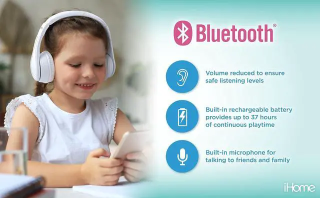 Alt view image 4 of 5 - eKids Bluetooth Headphones for Kids, Wireless Headphones with Microphone includes Aux Cord, Kids Headphones for School, Home, or Travel (White)