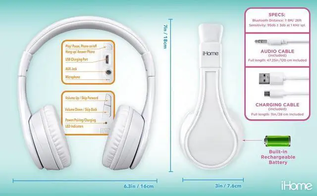 Alt view image 2 of 5 - eKids Bluetooth Headphones for Kids, Wireless Headphones with Microphone includes Aux Cord, Kids Headphones for School, Home, or Travel (White)