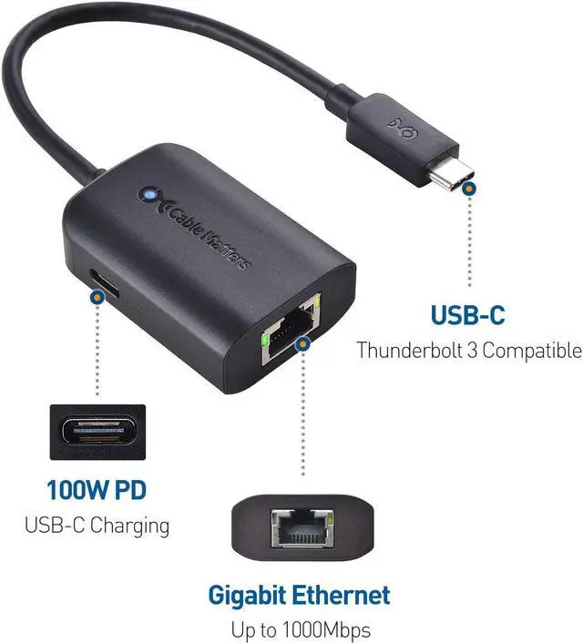 Alt view image 2 of 5 - Cable Matters USB C to Gigabit Ethernet Adapter with 100W Charging Compatible with MacBook Pro, Dell XPS, Surface Pro - Up to 480Mbps for Chromecast with Google TV (Google TV Chromecast 2020 Version)