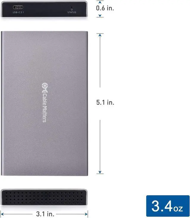 Alt view image 4 of 5 - Cable Matters Premium Aluminum 10Gbps Gen 2 USB C Hard Drive Enclosure for 2.5" SSD/HDD with USB-C and USB-A Cables - Thunderbolt 4 / USB4 / Thunderbolt 3 Port Compatible with MacBook Pro, MacBook Air