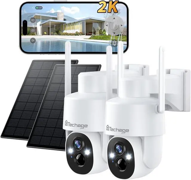 Main image of Solar Security Camera Wireless Outdoor, 2K WiFi Cameras for Home Security, 360deg PTZ Surveillance Camera with PIR, Color Night Vision, 2-Way Talk, IP66 Waterproof, SD/Cloud, Work with Alexa (2 Pack)