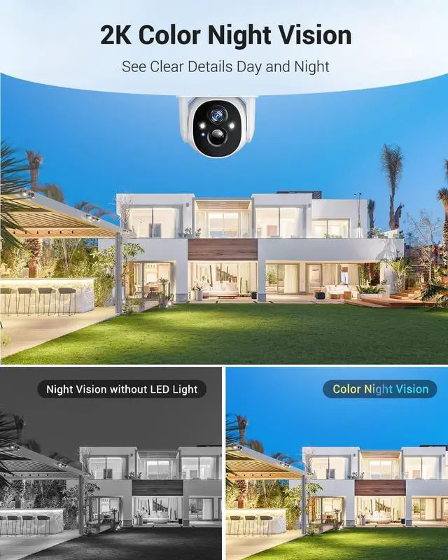 Alt view image 3 of 5 - Solar Security Camera Wireless Outdoor, 2K WiFi Cameras for Home Security, 360deg PTZ Surveillance Camera with PIR, Color Night Vision, 2-Way Talk, IP66 Waterproof, SD/Cloud, Work with Alexa (2 Pack)