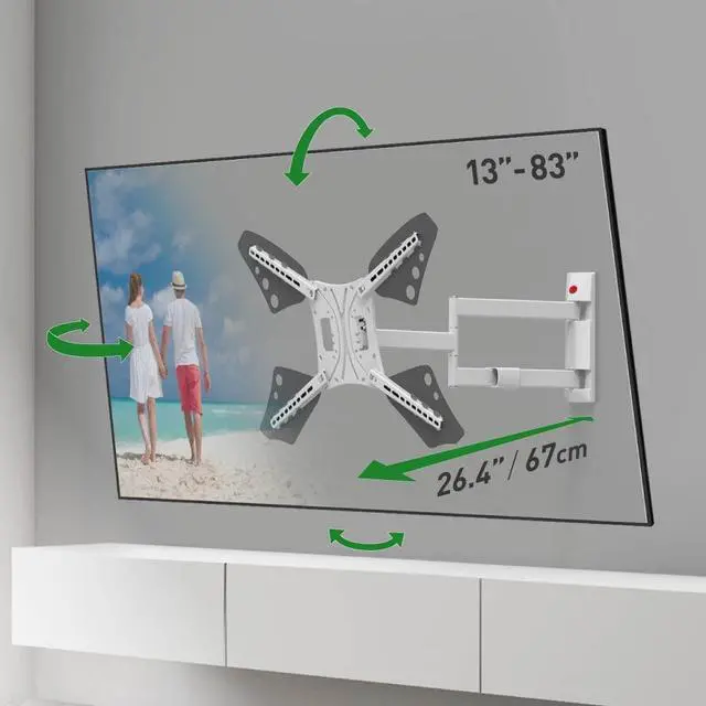 Main image of Barkan 26.4'' Long White TV Wall Mount, 13-83 inch Full Motion Articulating - 4 Movement Flat/Curved Screen Bracket, Holds up to 110lbs, Extremely Extendable, Fits LED OLED LCD