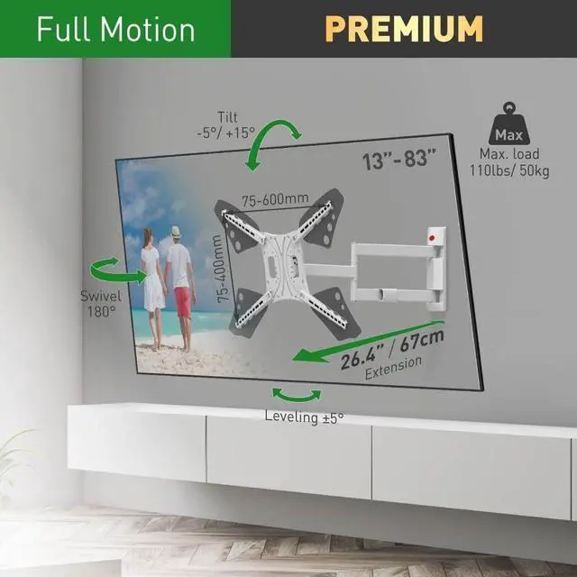 Alt view image 2 of 5 - Barkan 26.4'' Long White TV Wall Mount, 13-83 inch Full Motion Articulating - 4 Movement Flat/Curved Screen Bracket, Holds up to 110lbs, Extremely Extendable, Fits LED OLED LCD