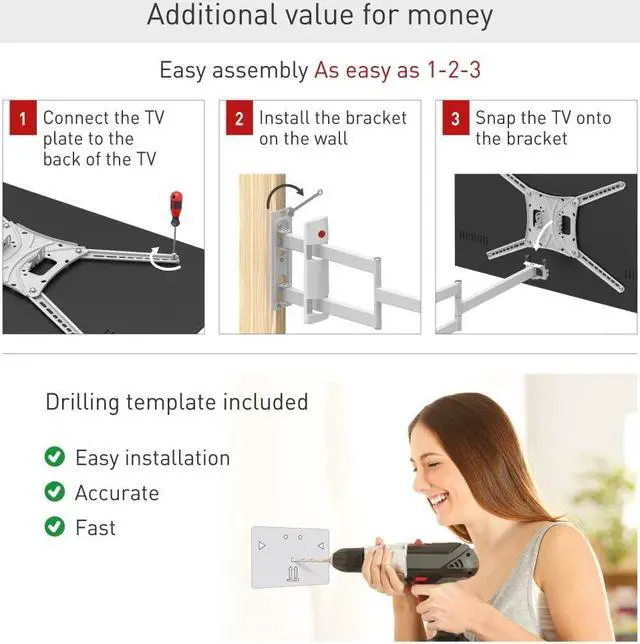 Alt view image 4 of 5 - Barkan 26.4'' Long White TV Wall Mount, 13-83 inch Full Motion Articulating - 4 Movement Flat/Curved Screen Bracket, Holds up to 110lbs, Extremely Extendable, Fits LED OLED LCD