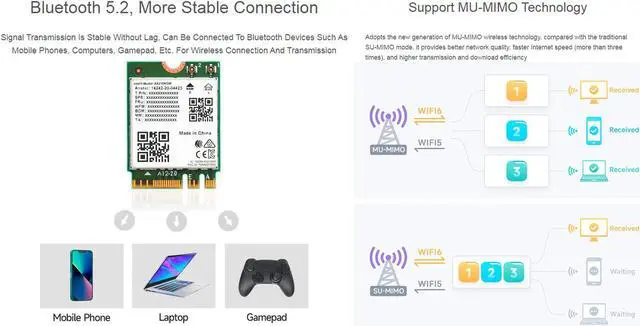 Alt view image 5 of 5 - WiFi 6E AX210 NGW Wireless AX210 WiFi Card, AX210 NIC Wireless Module, Gigabit 2.4G/5G/6GHz Tri Band Wi-Fi 6E, 802.11AX Standard, Bluetooth 5.2,MU-MIMO, Support Linux, Windows 10/8.1/8/7, etc.