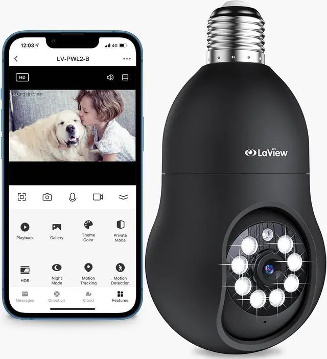 Main image of LaView 4MP Bulb Security Camera 2.4GHz, 360deg 2K Security Cameras Wireless Outdoor Indoor Full Color Day and Night, Motion Detection, Audible Alarm, Easy Installation, Compatible with Alexa(Black)