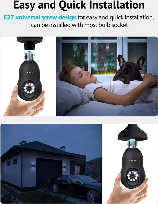 Alt view image 2 of 5 - LaView 4MP Bulb Security Camera 2.4GHz, 360deg 2K Security Cameras Wireless Outdoor Indoor Full Color Day and Night, Motion Detection, Audible Alarm, Easy Installation, Compatible with Alexa(Black)