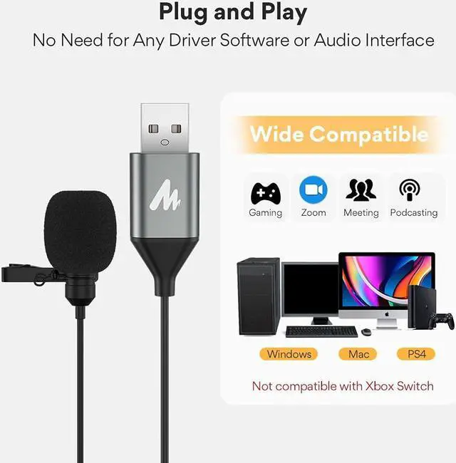 Alt view image 5 of 5 - MAONO USB Lavalier Microphone, 192KHZ/24BIT Plug & Play Omnidirectional Lapel Shirt Collar Clip on Mic for PC, Computer, Mac, Laptop, YouTube, Skype, Recording, Podcasting, Gaming, AU-UL10