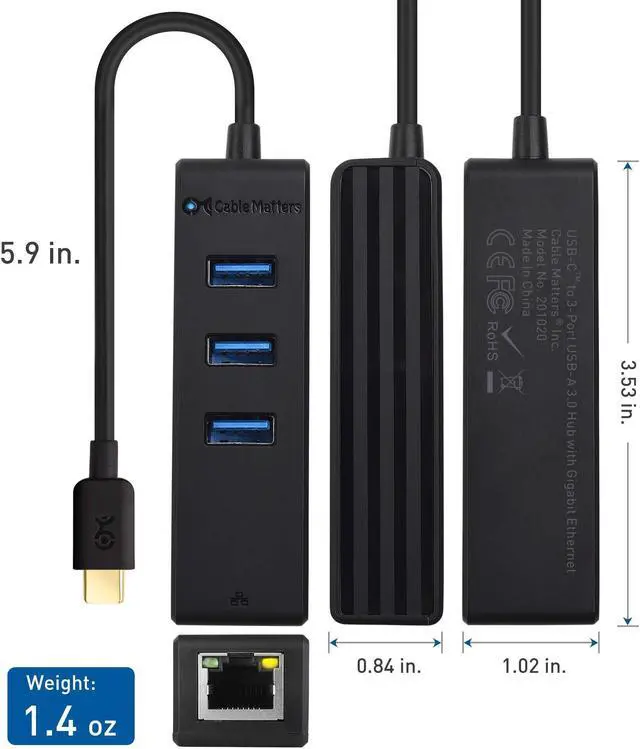 Alt view image 5 of 5 - Cable Matters 4-in-1 USB C Hub Ethernet, Support Gigabit Ethernet (USB C Network, USB C to Ethernet Adapter, USB C Ethernet Hub, Thunderbolt Ethernet Adapter) with 10/100/1000Mbps Network in Black