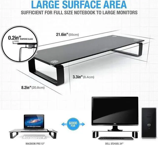 Alt view image 3 of 5 - Eutuxia Type-S Black Tempered Glass Monitor Stand, TV, Laptop, Computer, All-In-One Desktop, Printer Riser [21.75 x 8.25 x 3.25 Inches]