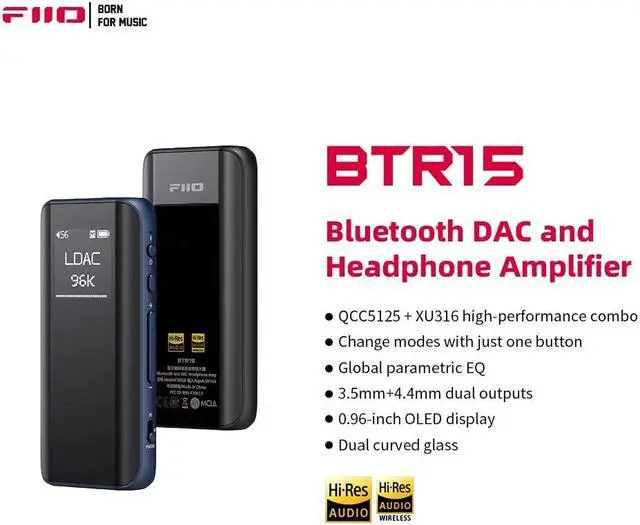 Alt view image 2 of 5 - FiiO BTR15 Headphone Amps Bluetooth 5.1 Receiver High Resolution 384K/32Bit Native DSD256 USB DAC Supports LDAC/aptX HD/MQA for Smartphones/PC/Car/Home Audio (Blue)