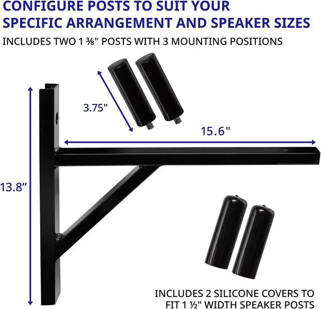 Alt view image 2 of 5 - LyxPro Wall Mount Speaker Bracket for Professional Audio PA Speaker Holder Set of 2 Pair Heavy Duty Metal Supports 90 Lbs. Weight Capacity Interchangeable Posts Black - LYXWSB15B