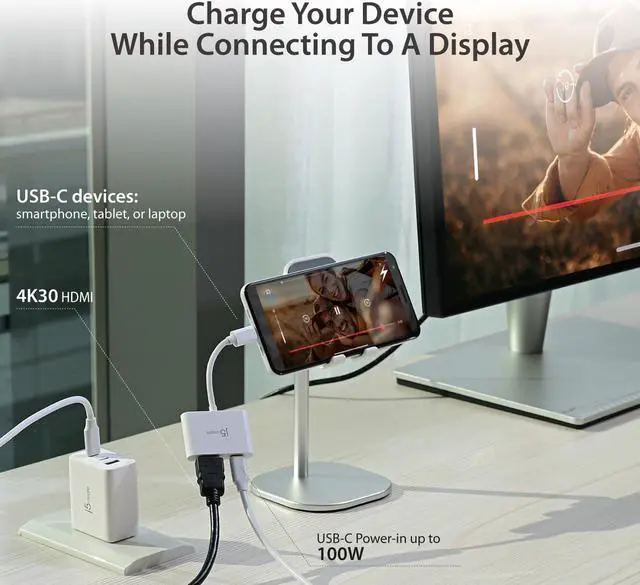 Alt view image 2 of 5 - j5create 2-in-1 USB-C to 4K HDMI Adapter with PD Charging Port, Supports 4K UHD Video, Charge While Displaying, Compatible with MacBook, iPad, Smartphone, Laptop, Steam Deck (JCA152)