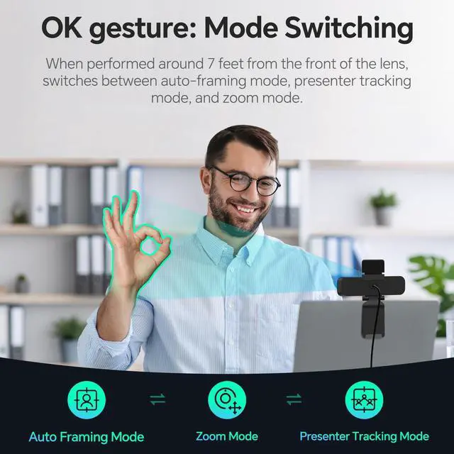 Alt view image 4 of 5 - N newline 4K AI Webcam for PC, AI Presenter Tracking Webcam with Microphone, Gesture Control, PC Webcam with Zoom, Adjustable FOV, Privacy Cover Camera, PC Camera for Laptop, Zoom, Skype, Teams