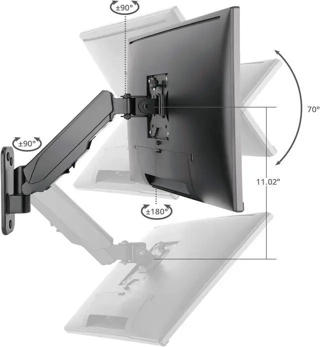 Alt view image 3 of 5 - SIIG Aluminum Gas Spring Full Motion Ergonomic Single Arm Monitor Wall Mount - Heavy Duty Holds 17" to 32" Screen, up to 19.8 lbs - Single VESA 75/100m