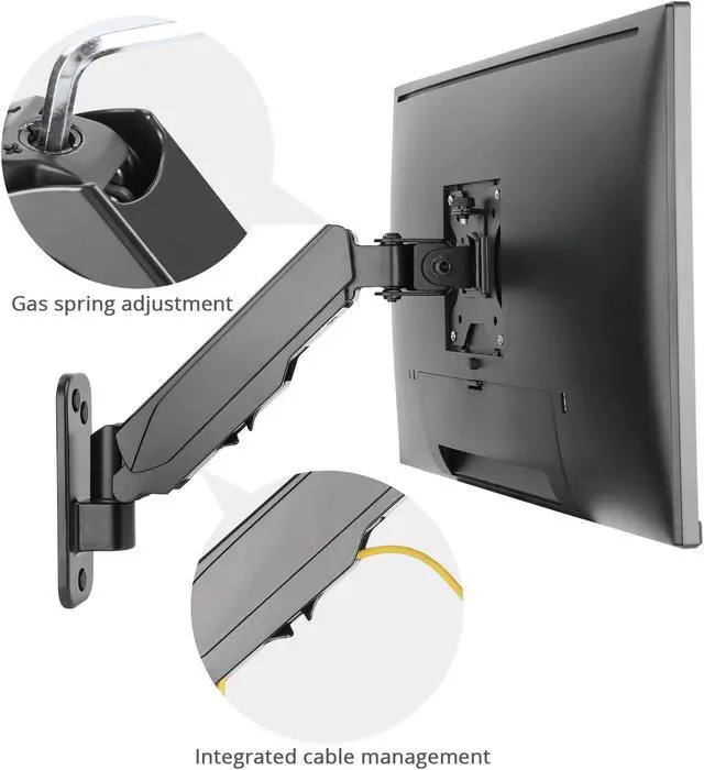 Alt view image 5 of 5 - SIIG Aluminum Gas Spring Full Motion Ergonomic Single Arm Monitor Wall Mount - Heavy Duty Holds 17" to 32" Screen, up to 19.8 lbs - Single VESA 75/100m