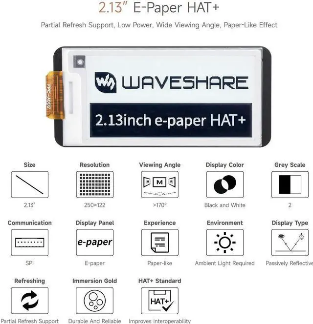 Alt view image 3 of 5 - Waveshare 2.13inch E-paper,for Raspberry Pi 5/4B/3B+/3B/ and Raspberry Pi Zero Series Boards,Pwnagotchi Screen/E-ink Screen for Pwnagotchi Kit,SPI Interface, HAT+ Standard