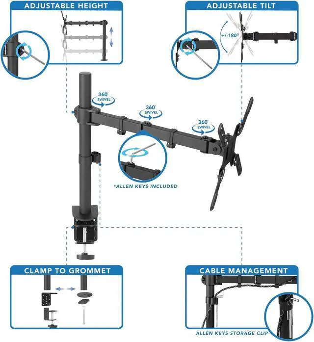 Alt view image 5 of 5 - Mount-It! Large Monitor Desk Mount with VESA 200 (200x200, 200x100) Bolting Pattern, Fits up to 42 Inch and Ultrawide Monitors, Full Motion with Clamp and Grommet Base