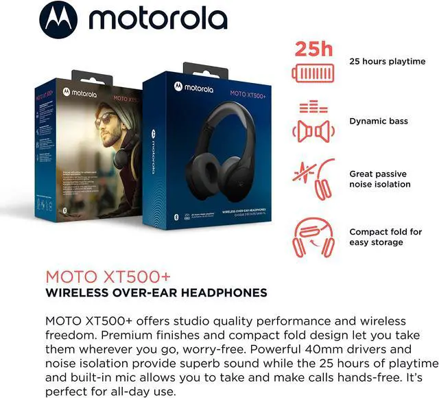 Alt view image 2 of 5 - Motorola Bluetooth Wireless Headphones with Microphone, Moto XT500+ Over-Ear Headphones in-Line Control for Calls - Foldable Head Phones, Adjustable Headband, Clear Sound - Black