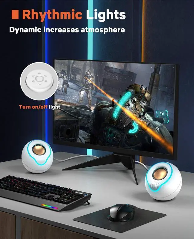 Alt view image 4 of 5 - LENRUE Computer Speakers, PC Speakers with Colorful Lights Button, Volume Knob, 45 ° Tilt, Loud Sound, AUX and USB Powered for PC Desktop Monitor Laptop