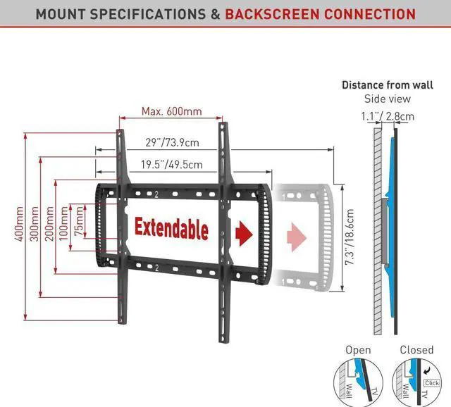 Alt view image 5 of 5 - Barkan TV Wall Mount, 13-90 inch Fixed Flat/Curved Screen Bracket, Holds up to 132lbs, Auto Lock Patented, Extendable Wall Plate - 3 Products in 1, Fits LED OLED LCD (BM400T)