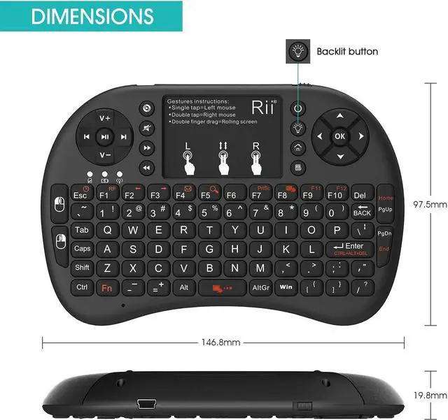 Alt view image 2 of 5 - Rii 2.4GHz Mini Wireless Keyboard with Touchpad&QWERTY Keyboard, Backlit Portable with Remote Control for Laptop/PC/Tablets/Windows/Mac/TV/Xbox/PS3/Raspberry Pi .(Black)