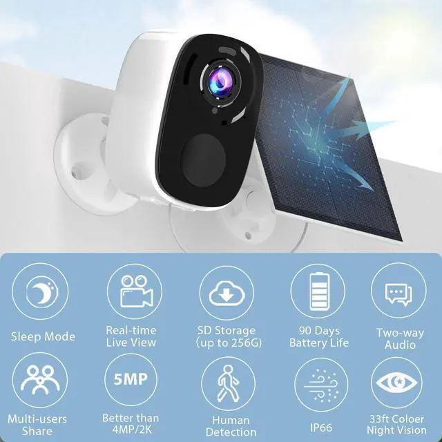 Alt view image 2 of 5 - Rraycom 5MP Security Cameras Wireless Outdoor Solar Powered with AI Detection, 2K Color Night Vision Security Camera with 2 Way Audio, Alexa, No Monthly Fee, Spotlight & Siren, IP65 Waterproof