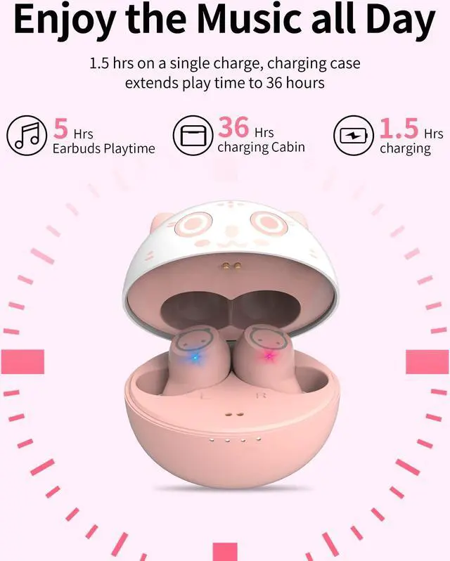 Alt view image 2 of 5 - AMAFACE Pink Bluetooth Earbuds,Cute Cat Wireless Headphones for Girls Kids Women 36H Play Time IPX6 Waterproof Ear budsLED Display HiFi 3D Stereo Earphones for Sport Workout Travel