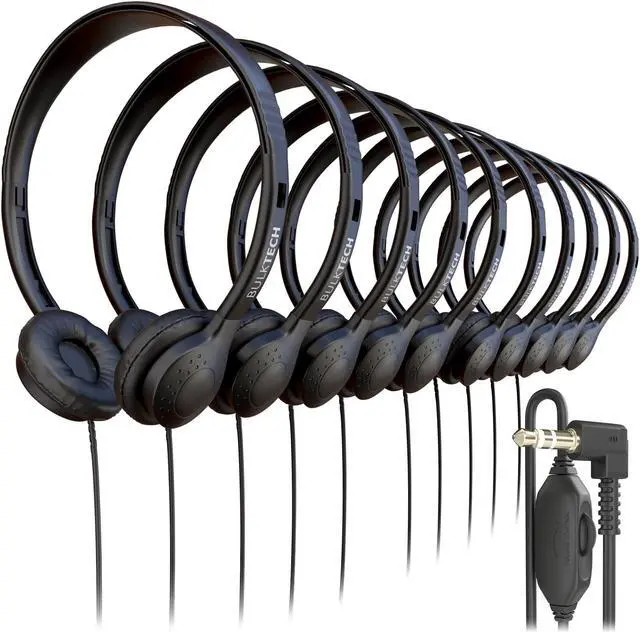 Main image of 10 Pack Bulk Wired On-Ear Leather Headphones with 3.5mm Connector and Remote Control for Volume, Black