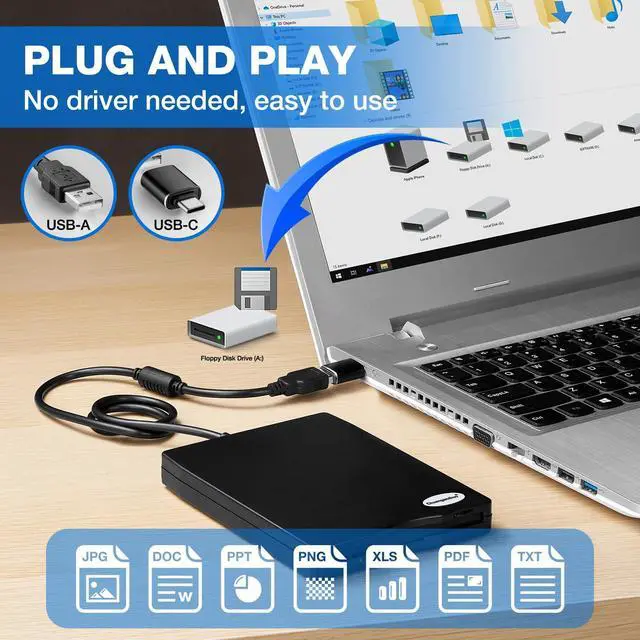 Alt view image 4 of 5 - Chuanganzhuo Floppy Disk Reader, 3.5 inch External USB Type C Floppy Disk Drive for PC, Laptop and Desktop Compatible with Windows 11/10/8/7/2000/XP, Black, Frosted Texture