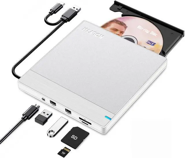 Main image of NOLYTH External Blueray/DVD Drive, Portable Bluray Drive External for Laptop with SD TF 2 USB Slots, Slim USB Blu Ray Burner Player for PC Mac Windows MacBook Desktop