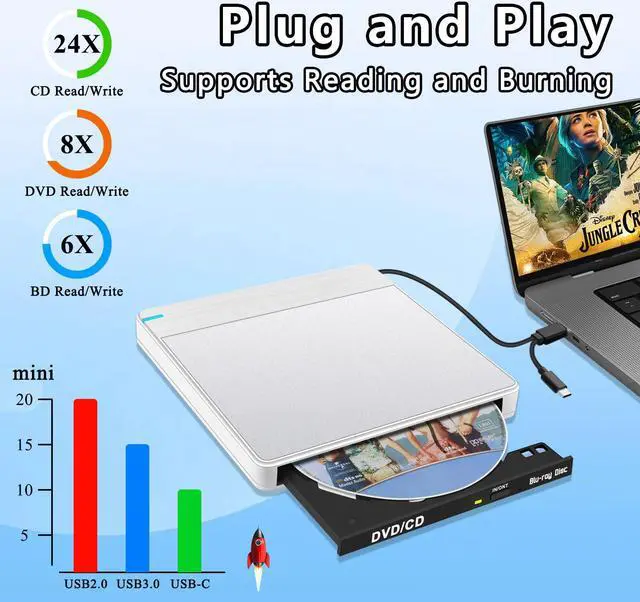Alt view image 3 of 5 - NOLYTH External Blueray/DVD Drive, Portable Bluray Drive External for Laptop with SD TF 2 USB Slots, Slim USB Blu Ray Burner Player for PC Mac Windows MacBook Desktop