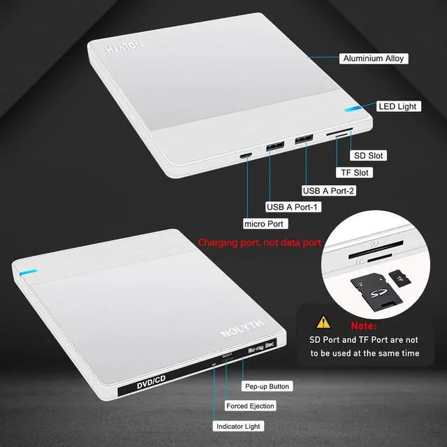 Alt view image 4 of 5 - NOLYTH External Blueray/DVD Drive, Portable Bluray Drive External for Laptop with SD TF 2 USB Slots, Slim USB Blu Ray Burner Player for PC Mac Windows MacBook Desktop