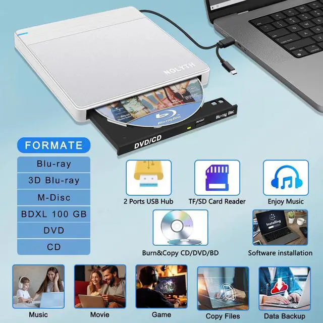 Alt view image 5 of 5 - NOLYTH External Blueray/DVD Drive, Portable Bluray Drive External for Laptop with SD TF 2 USB Slots, Slim USB Blu Ray Burner Player for PC Mac Windows MacBook Desktop