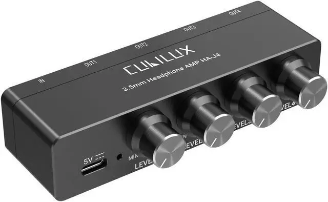 Main image of Cubilux 4-Way Headphone Amplifier 3.5mm with Volume Adjustment,Multiple Headphone Jack Splitter for Share Music,Headphone Amplifier for Speaker Earphones Laptop Player-5V DC Power Supply
