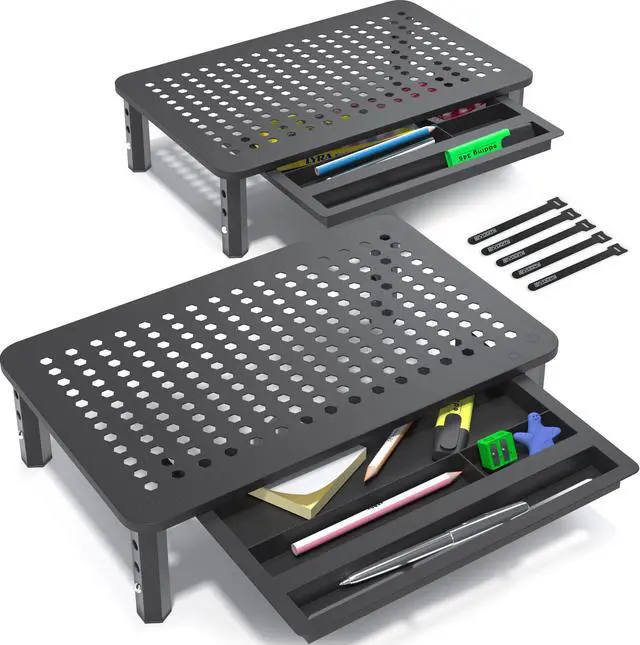 Main image of EVOOMI Back Saver Monitor Stand for Desk - 2 Pack Monitor Riser with Drawer - Gain 5 Weeks a Year, Less Pain & Peak Productivity with Anti Skid Mesh Metal Computer Stand for Laptop, Printer & iMac