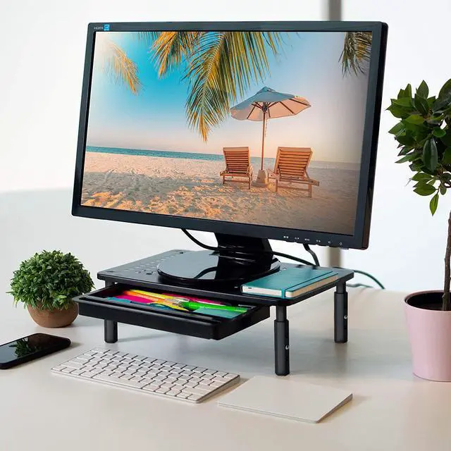 Alt view image 2 of 5 - EVOOMI Back Saver Monitor Stand for Desk - 2 Pack Monitor Riser with Drawer - Gain 5 Weeks a Year, Less Pain & Peak Productivity with Anti Skid Mesh Metal Computer Stand for Laptop, Printer & iMac