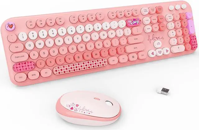 Main image of FOPETT Wireless Keyboard and Mouse Combo - 2.4G Full-Sized Cute Colorful Retro Keyboard with Round Keycaps 104 Keys Typewriter Keyboard for Laptop/Windows/PC-Pink Colorful
