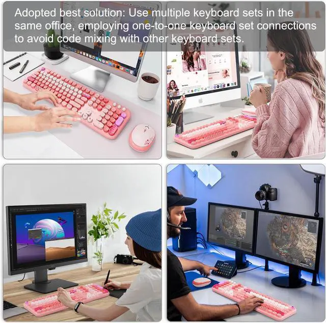 Alt view image 2 of 5 - FOPETT Wireless Keyboard and Mouse Combo - 2.4G Full-Sized Cute Colorful Retro Keyboard with Round Keycaps 104 Keys Typewriter Keyboard for Laptop/Windows/PC-Pink Colorful