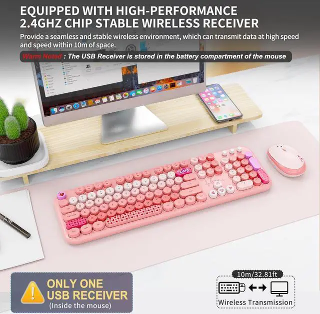 Alt view image 4 of 5 - FOPETT Wireless Keyboard and Mouse Combo - 2.4G Full-Sized Cute Colorful Retro Keyboard with Round Keycaps 104 Keys Typewriter Keyboard for Laptop/Windows/PC-Pink Colorful