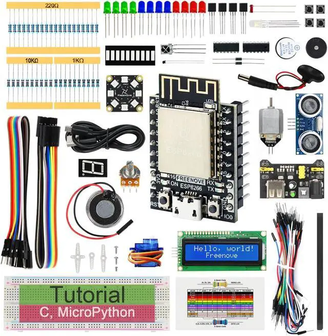 Main image of Freenove Super Starter Kit for ESP8266 (Included), 32-bit 160 MHz Mini Microcontroller, Onboard Wi-Fi, Python C Code, 497-Page Detailed Tutorial, 173 Items, 77 Projects