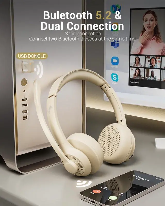 Alt view image 2 of 5 - JIAMQISHI Wireless Headset with AI Noise Cancelling Microphone Bluetooth Headset - Bluetooth V5.2 Headphones with USB Dongle & Mic Mute for Computer/Laptop/PC/iPhone/Android/Cell Phones/Zoom-Apricot