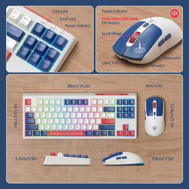 Alt view image 5 of 5 - 2.4G Wireless Keyboard and Mouse Combo, RGB Backlit Keyboard Mouse Set for Windows, Android & MacOS, Aesthetic Keyboard Mouse with USB & Type-C Dongle for PC Computers, Macbooks & Laptops, Blue