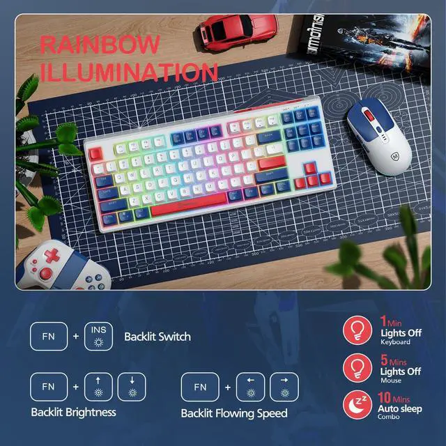 Alt view image 4 of 5 - 2.4G Wireless Keyboard and Mouse Combo, RGB Backlit Keyboard Mouse Set for Windows, Android & MacOS, Aesthetic Keyboard Mouse with USB & Type-C Dongle for PC Computers, Macbooks & Laptops, Blue